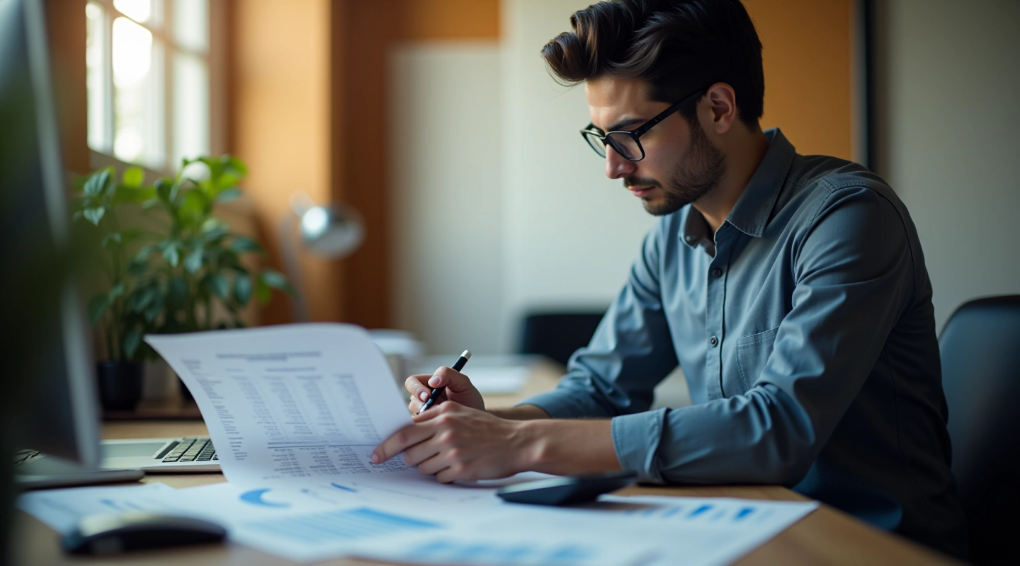 Financial analyst reviewing balance sheet with assets, liabilities and equity sections clearly visible