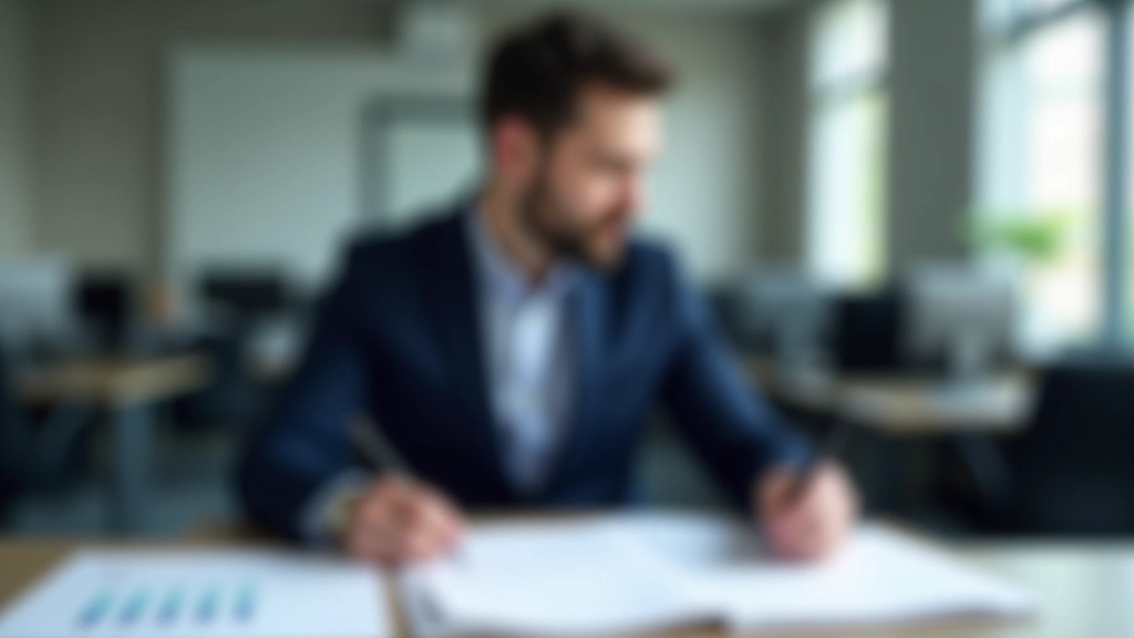 Business professional reviewing printed financial statements with note-taking at corporate office desk