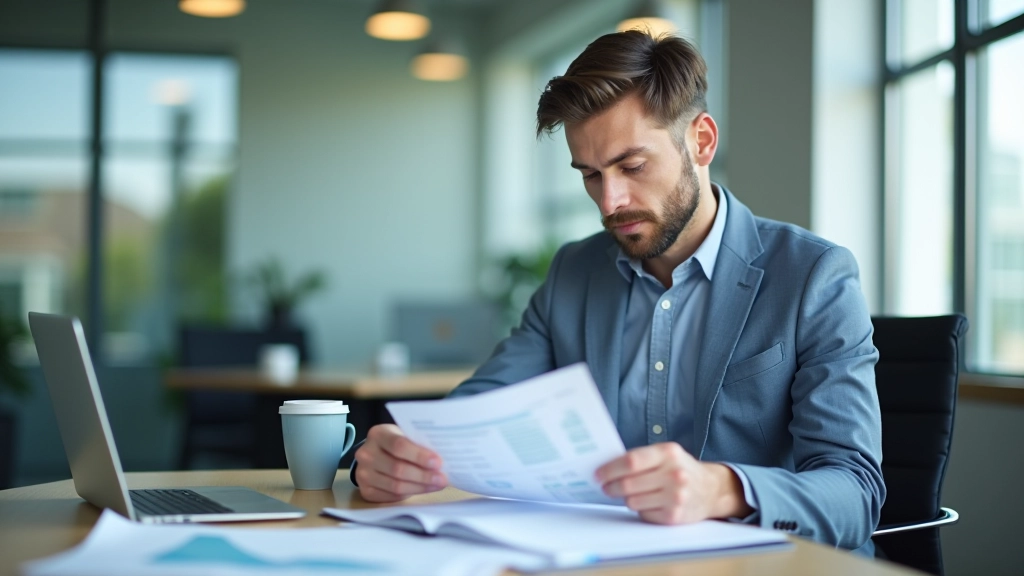 Financial analyst reviewing profit margin trends on spreadsheet with calculator and financial documents