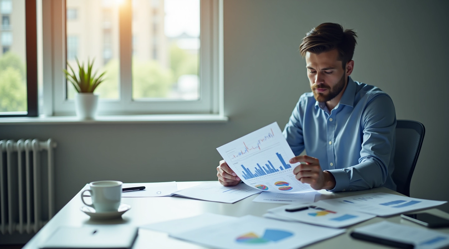 Financial professional analyzing balance sheets and corporate financial statements in modern office setting
