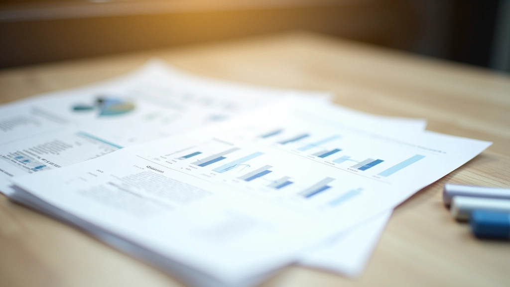 Detailed financial documents spread across wooden table showing balance sheet components with highlighting markers