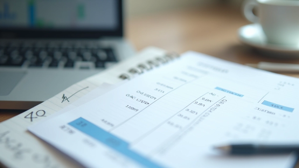 Spreadsheet showing financial ratios and calculations on laptop screen with notebook beside