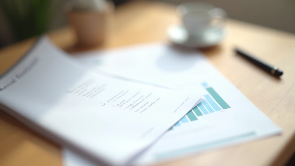 Corporate annual report cover with financial data visible, professional business documentation
