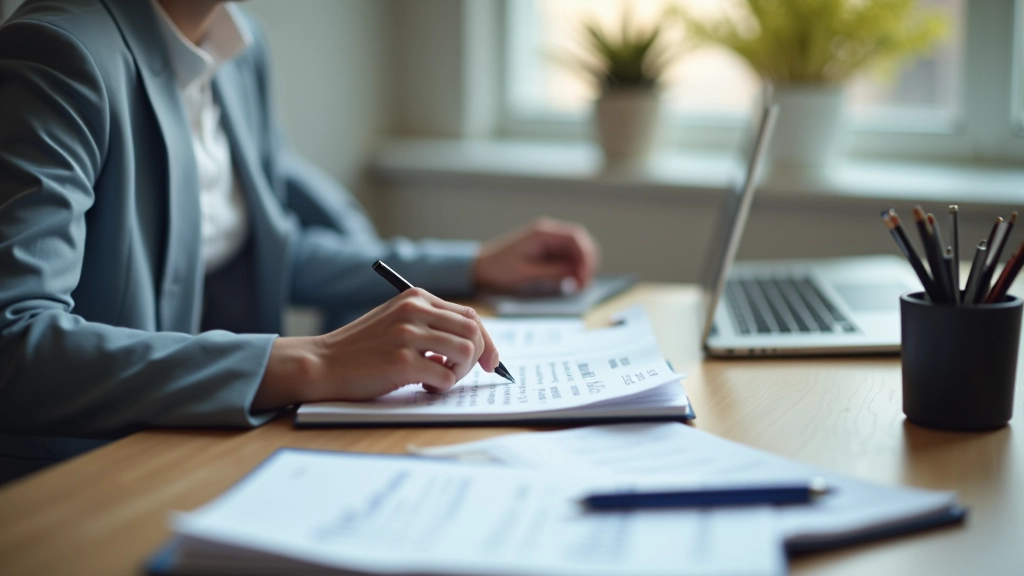 Financial analyst working with laptop showing balance sheet analysis with calculated ratios and percentages
