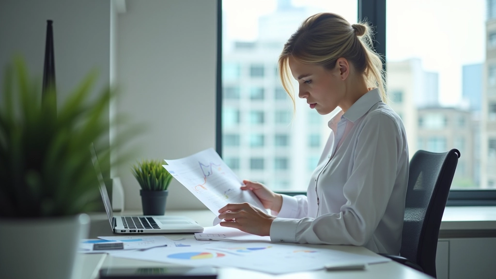 Corporate finance professional reviewing liability documentation with spreadsheet data visible on screen